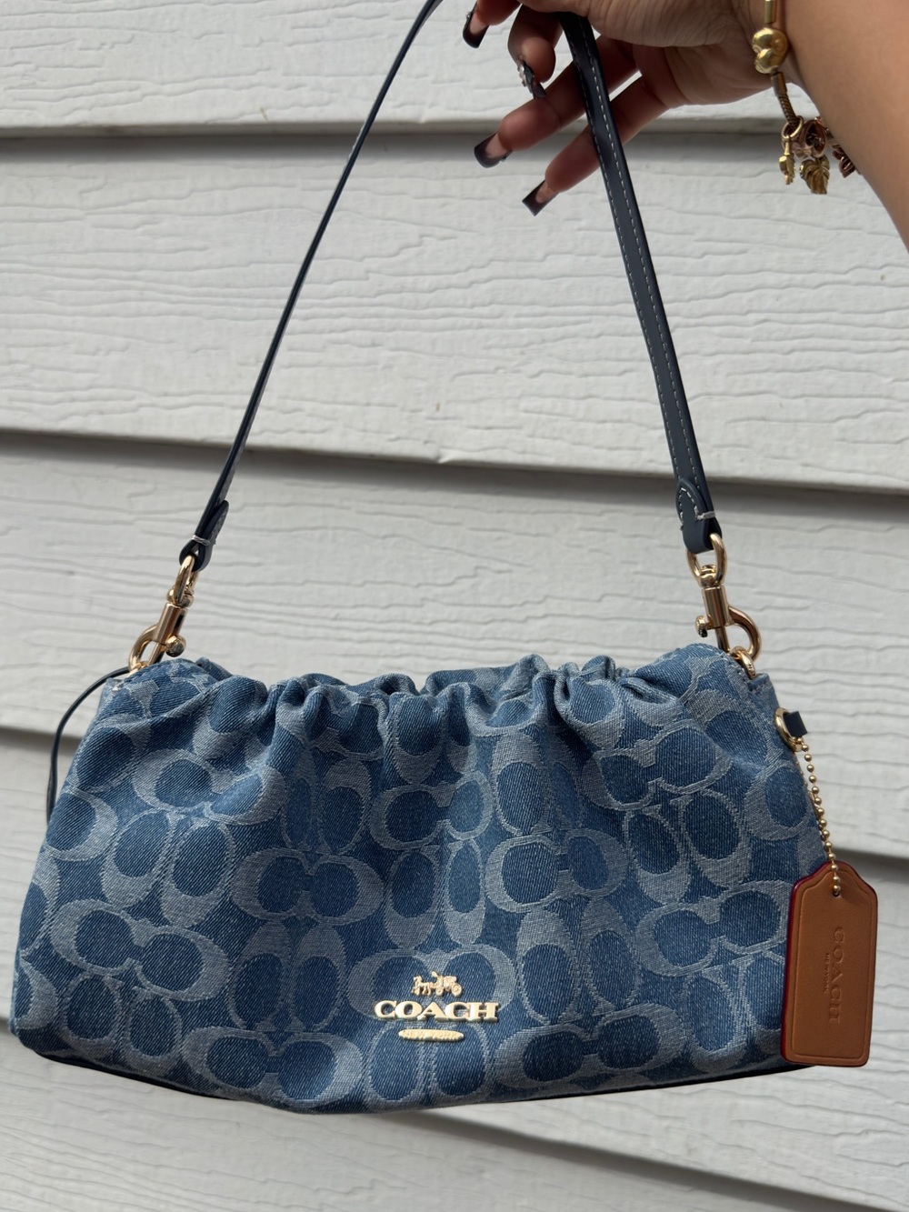 Coach Faye Blue Denim Signature Ruched Shoulder Bag with Gold Hardware